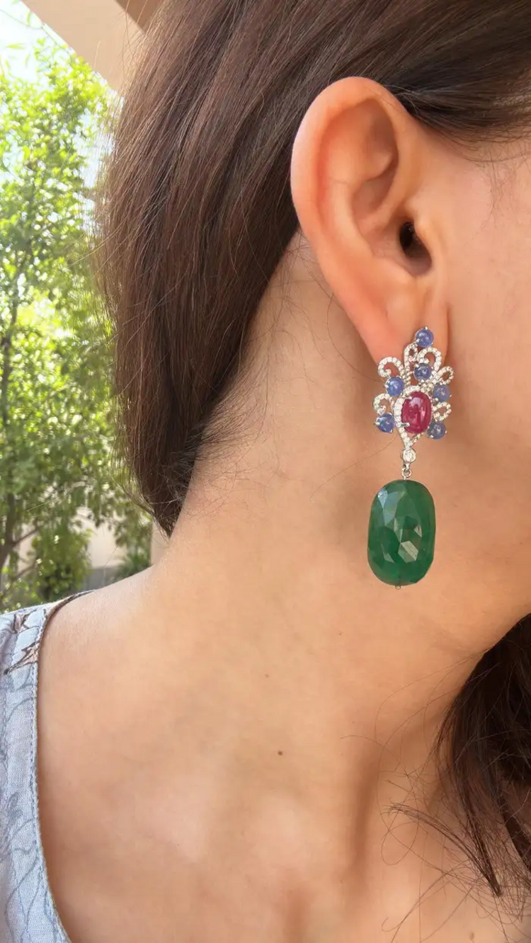 18k White Gold Diamond Dangle Earrings - Natural Blue Sapphire, Mozambique Ruby & Zambian Emerald Tumble Earrings