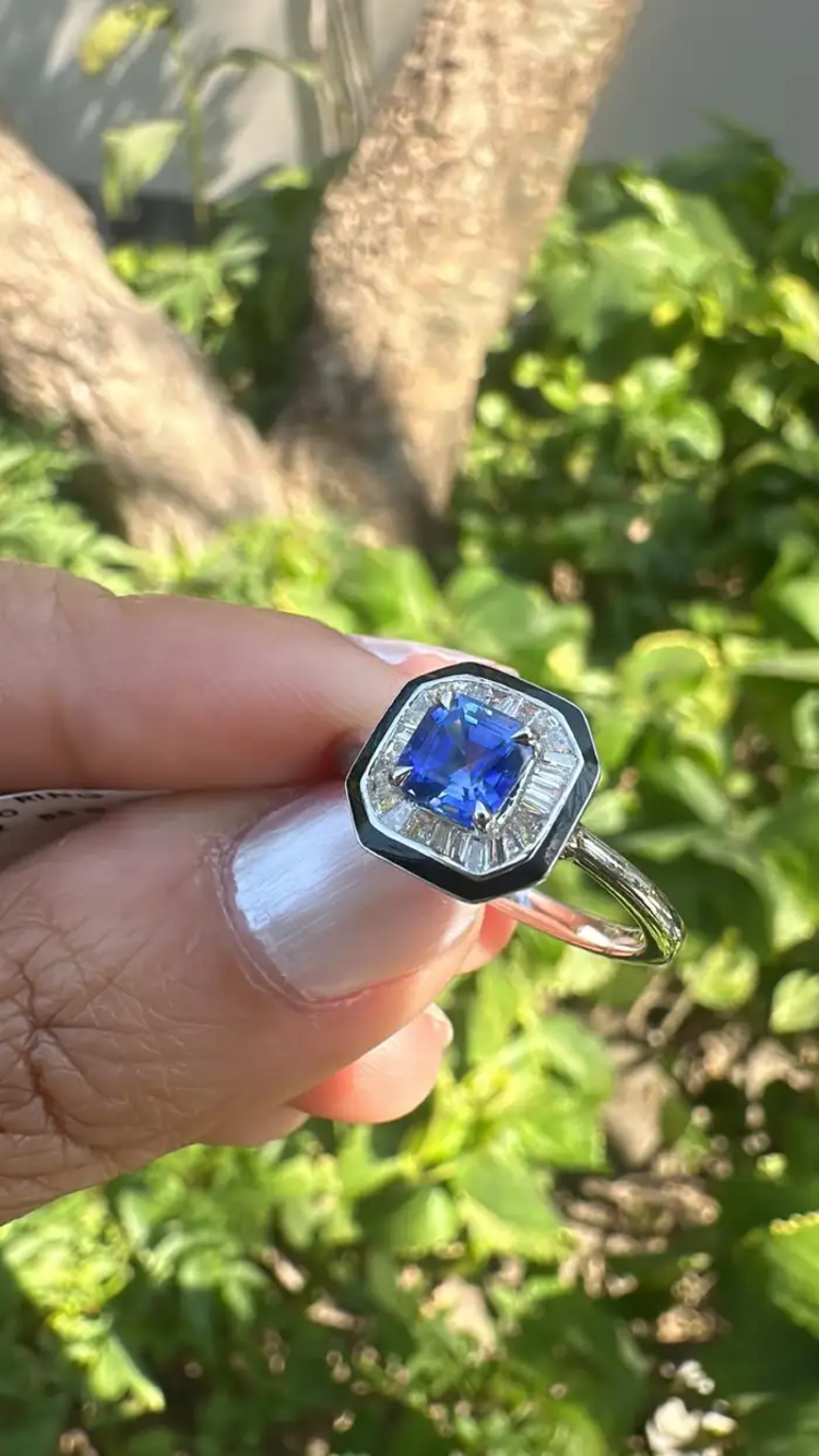 Natural Blue Sapphire & Black Enamel Ring - 18k White Gold Diamond Engagement Ring