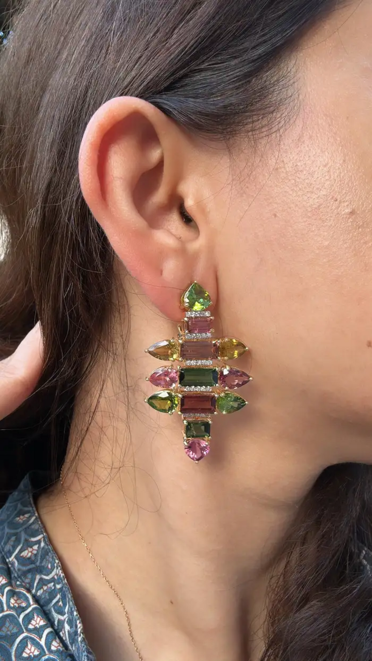 18k Yellow Gold Diamond Earrings - Natural Tourmaline Gemstone Chandelier Earrings