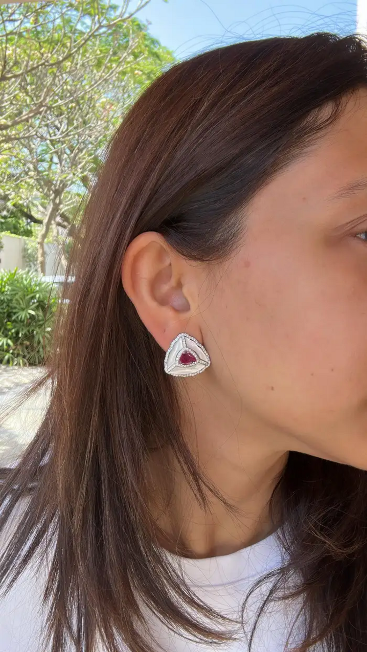 18k White Gold Handmade Diamond Stud Earrings - Natural Zambian Emerald, Mozambique Ruby & Pearl Stud Earrings