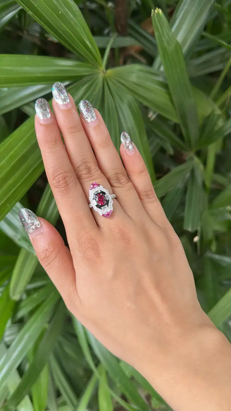 18k White Gold Diamond Ring - Natural Tourmaline & Black Enamel Ring