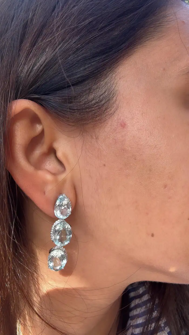 Natural Aquamarine Gemstone Dangle Earrings - 18k White Gold Diamond Drop Dangle Earrings