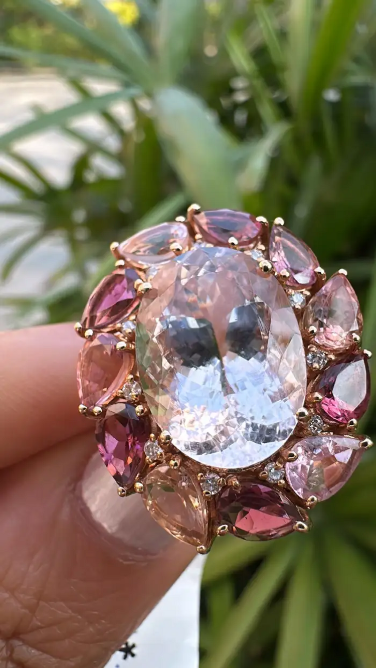 8.47 Ct. Morganite & Tourmaline Gemstone Cocktail Ring - 18k Yellow Gold Diamond Ring