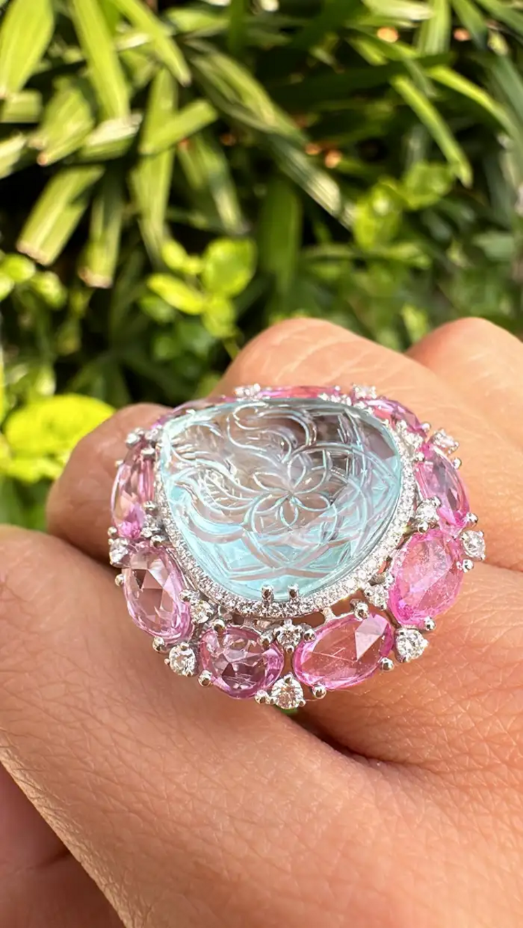 Carved Aquamarine & Pink Sapphire Gemstone Handmade Ring - Solid 18k White Gold Diamond Statement Ring