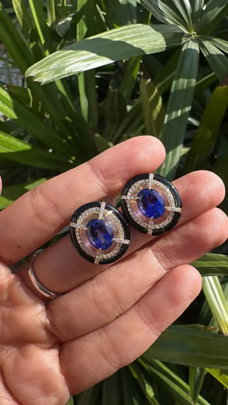 18k Gold Diamond & Tanzanite Gemstone Stud Earrings - Rock crystal & Black Onyx Earrings