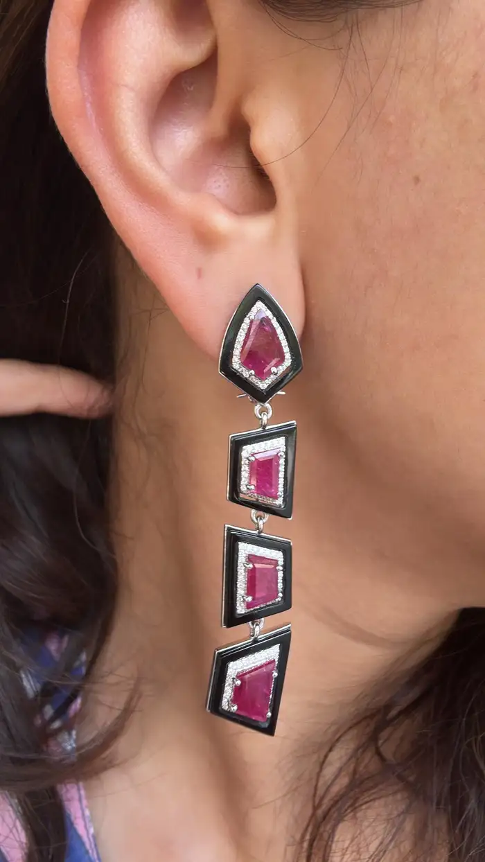 18k White Gold Diamond Dangle Women Earrings - Natural Mozambique Ruby & Black Onyx Statement Earrings