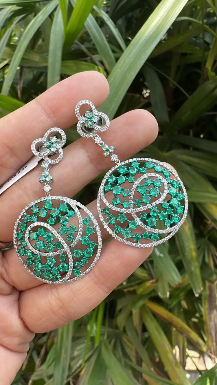 Natural Colombian Emerald Dangle Earrings - 18k White Gold Diamond Chandelier Earrings