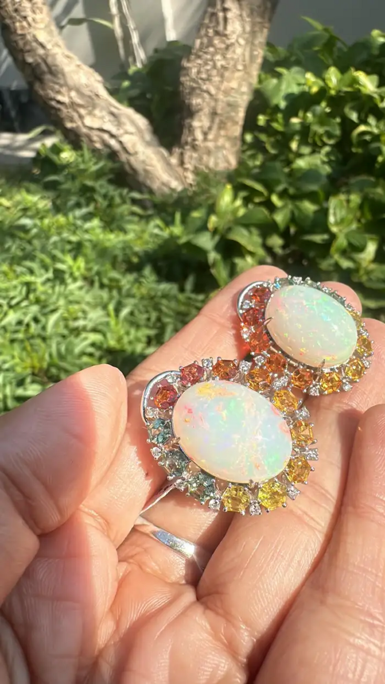 Natural Ethiopian Opal & Multi Sapphire Stud Earrings - 18k White Gold Diamond Earrings