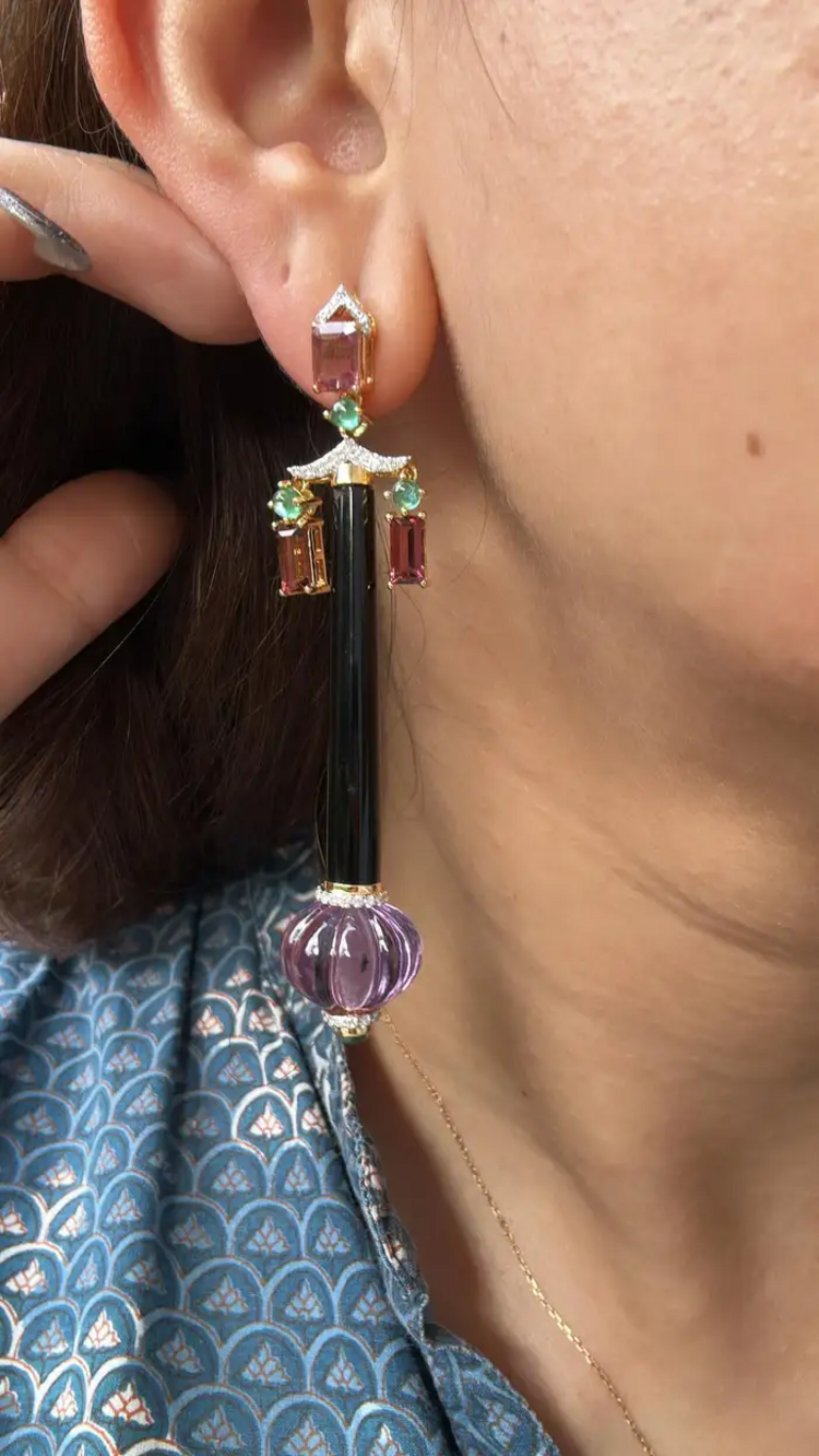 Natural Amethyst , Tourmaline & Black Onyx Dangle Earrings - 18k Yellow Gold Diamond Earrings