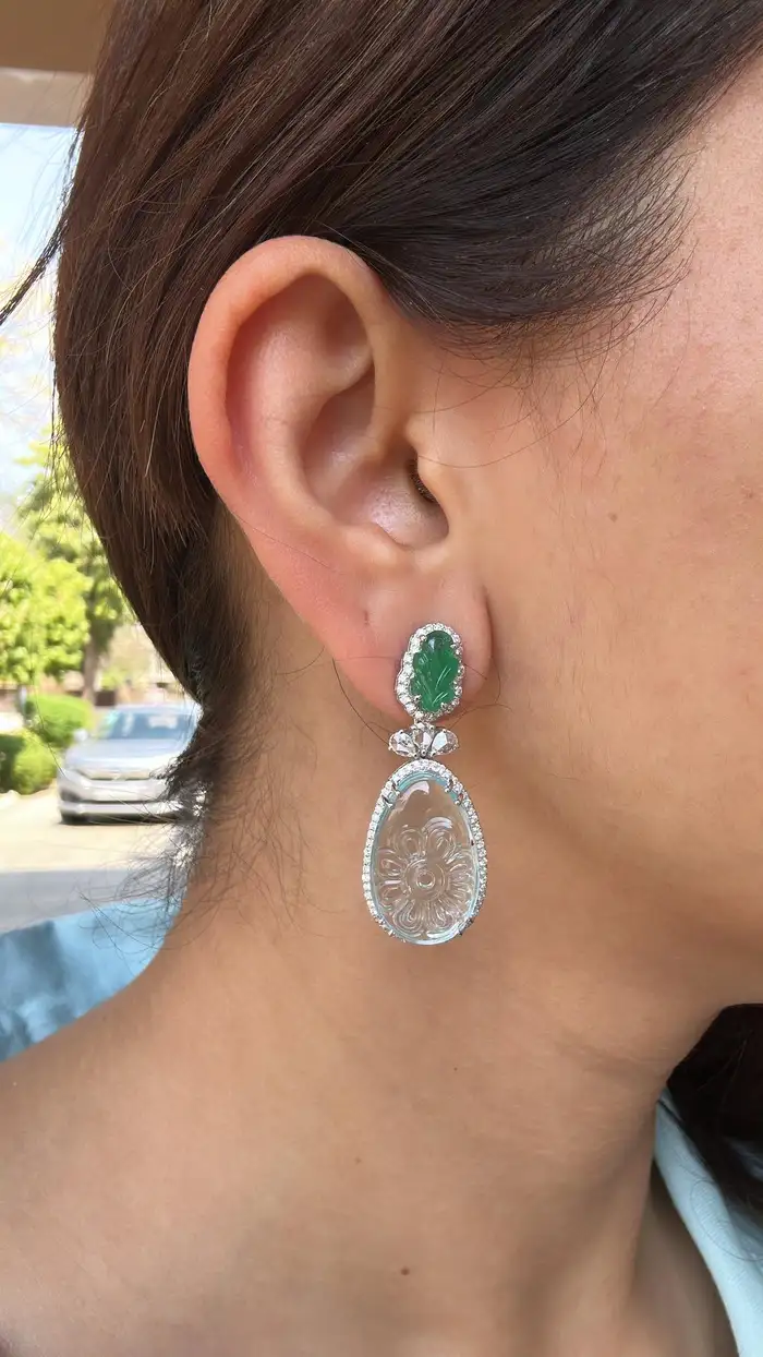 Natural Zambian Emerald & Aquamarine Gemstone Dangle Earrings - 18k White Gold Rose Cut Diamond Earrings