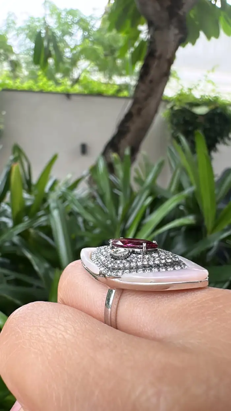 18k White Gold Diamond Handmade Ring - Natural Rubellite & Pink Opal Statement Ring