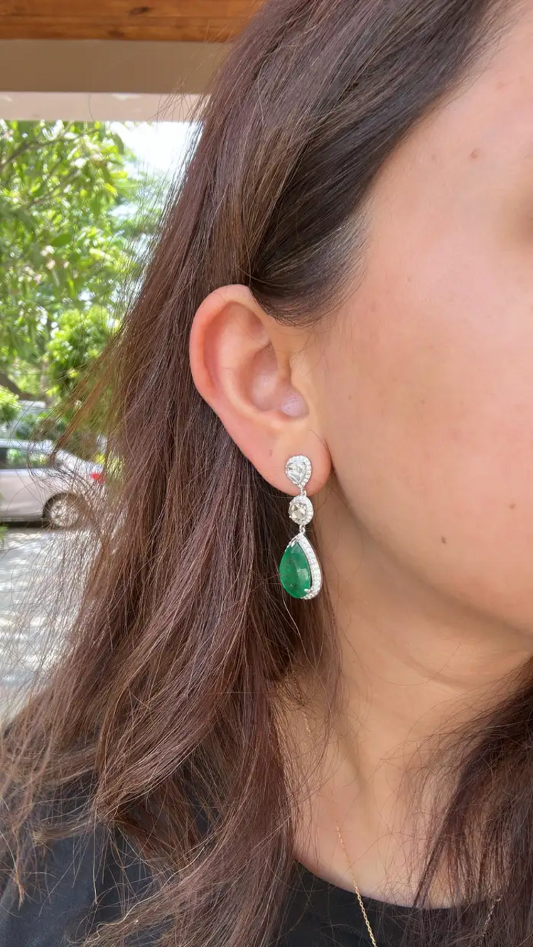 12.36 Ct. Natural Zambian Emerald Dangle Gold Earrings - 18k White Gold & Rose Cut Diamond Earrings