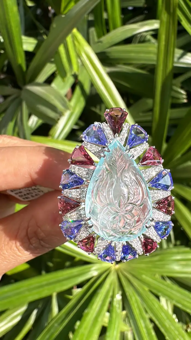 Natural Rubellite, Tanzanite & Carved Aquamarine Gold Ring - 18k White Gold Diamond Big Ring
