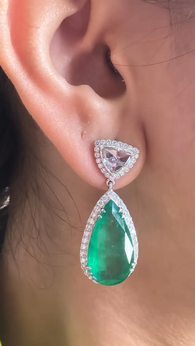 Solid 18k White Gold Handmade Dangle Earrings - Natural Zambian Emerald & Rose Cut Diamond Drop Dangle Women Earrings