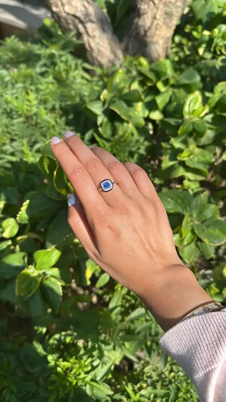 Natural Blue Sapphire & Black Enamel Ring - 18k White Gold Diamond Engagement Ring