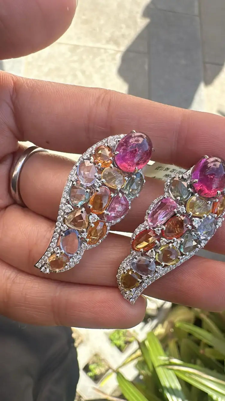 Natural Multi Sapphire & Tourmaline Gemstone Earrings - 18k White Gold Diamond Earrings