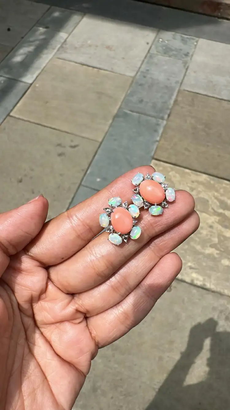 18k White Gold Rose Cut Diamond Stud Earrings - Natural Ethiopian Opal & Coral Earrings