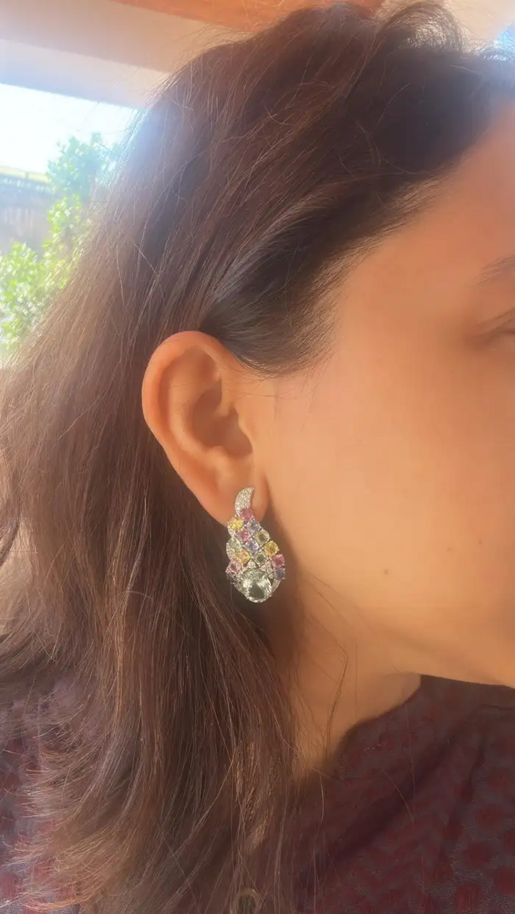 18k White Gold Diamond Chandelier Earrings - Natural Aquamarine & Multi Sapphire Earrings