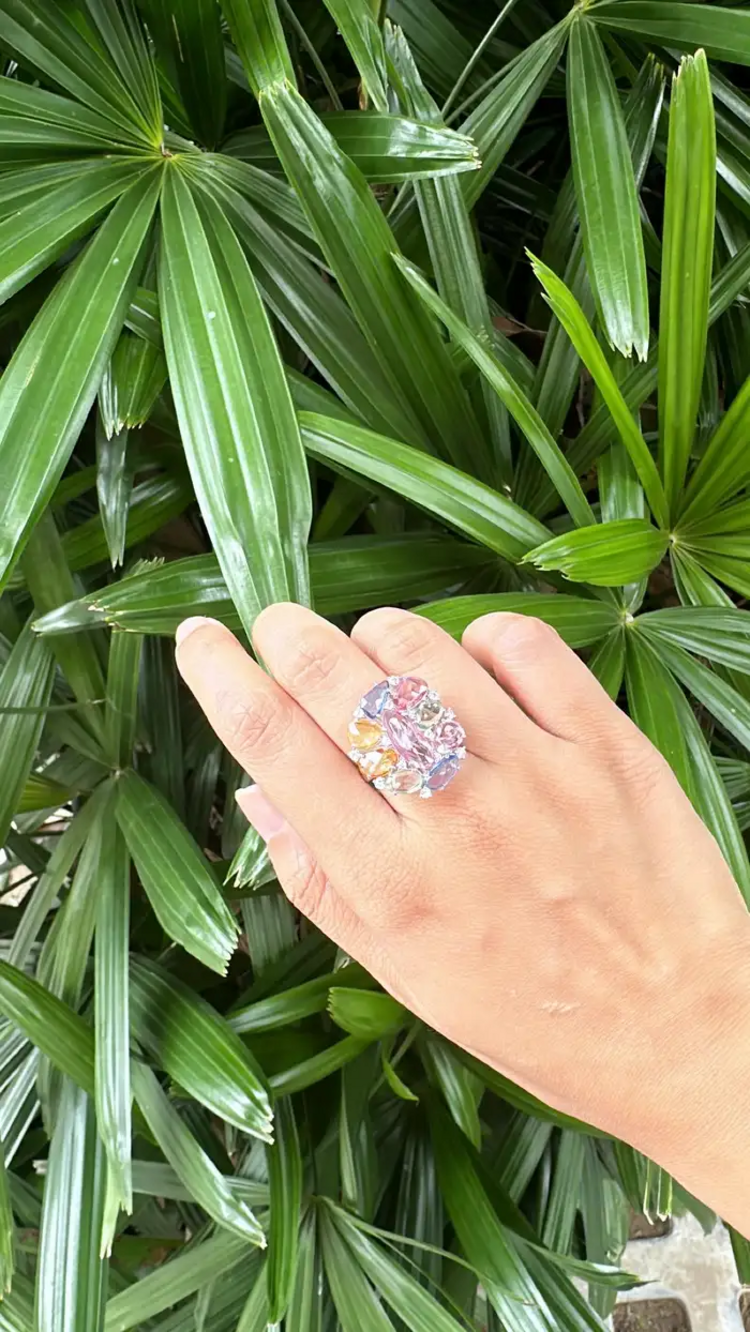 Multi Sapphire Gold Ring - 18k White Gold Handmade Cocktail Ring - Women Gold Diamond Ring