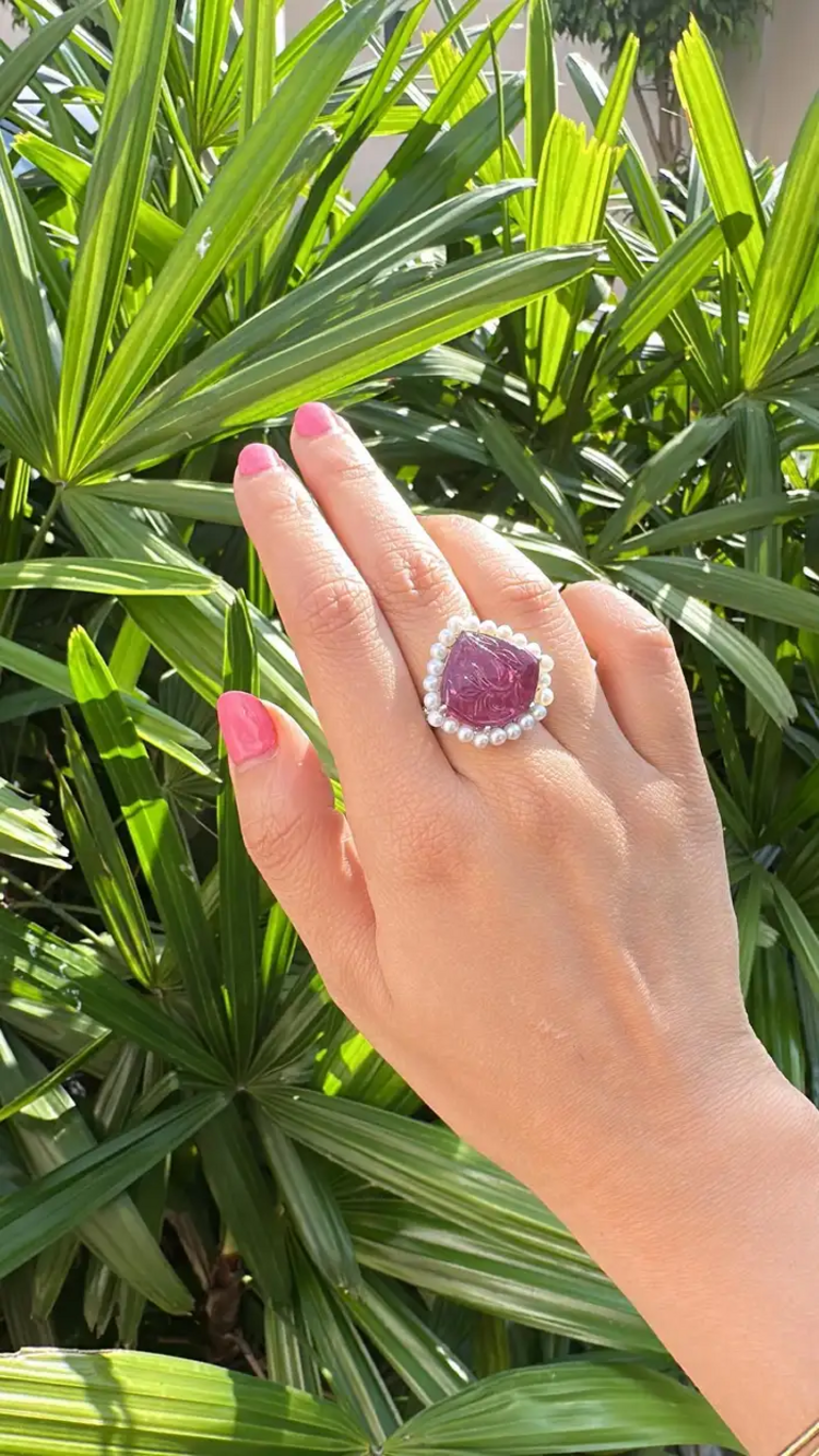 18k White Gold Carved Tourmaline Statement Ring - 10.67 Ct. Carved Tourmaline & Fresh Water Pearl Ring