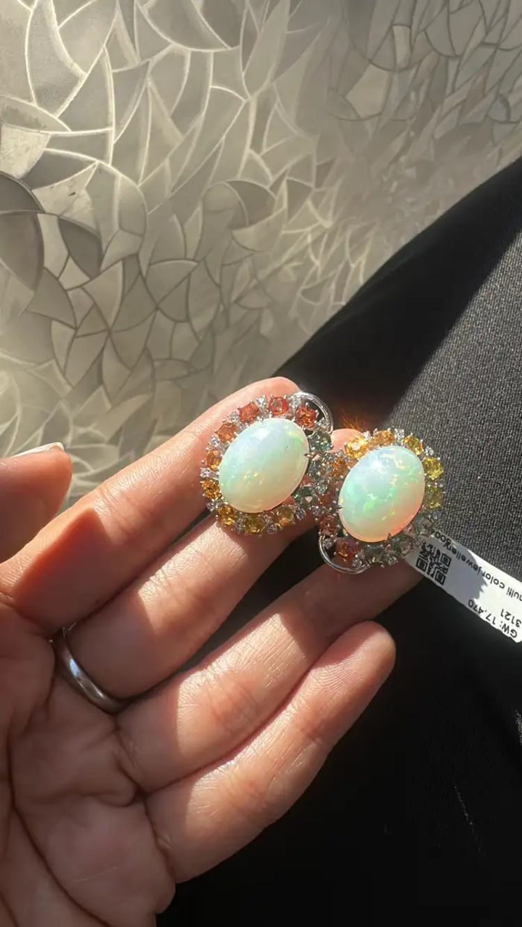 Natural Ethiopian Opal & Multi Sapphire Stud Earrings - 18k White Gold Diamond Earrings