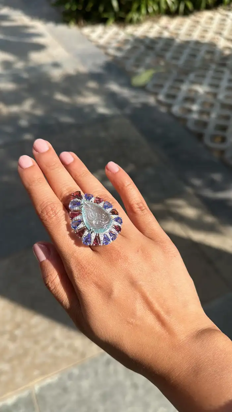 Natural Rubellite, Tanzanite & Carved Aquamarine Gold Ring - 18k White Gold Diamond Big Ring