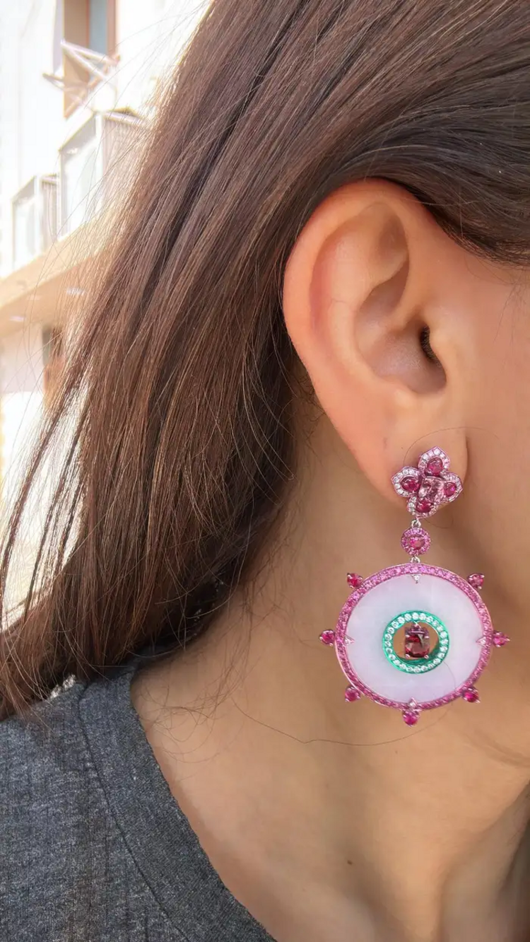 18k White Gold Handmade Diamond Dangle Earrings - Natural Spinel, Ruby, Pink Sapphires, Lavender Jade Earrings