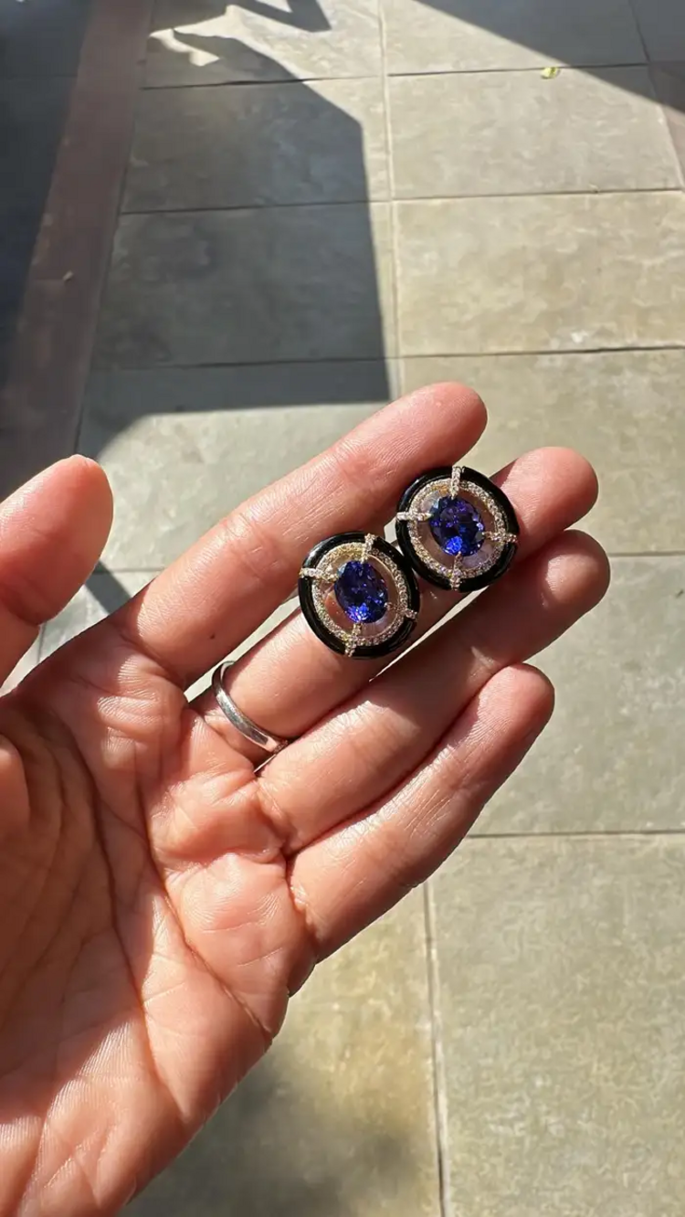18k Gold Diamond & Tanzanite Gemstone Stud Earrings - Rock crystal & Black Onyx Earrings