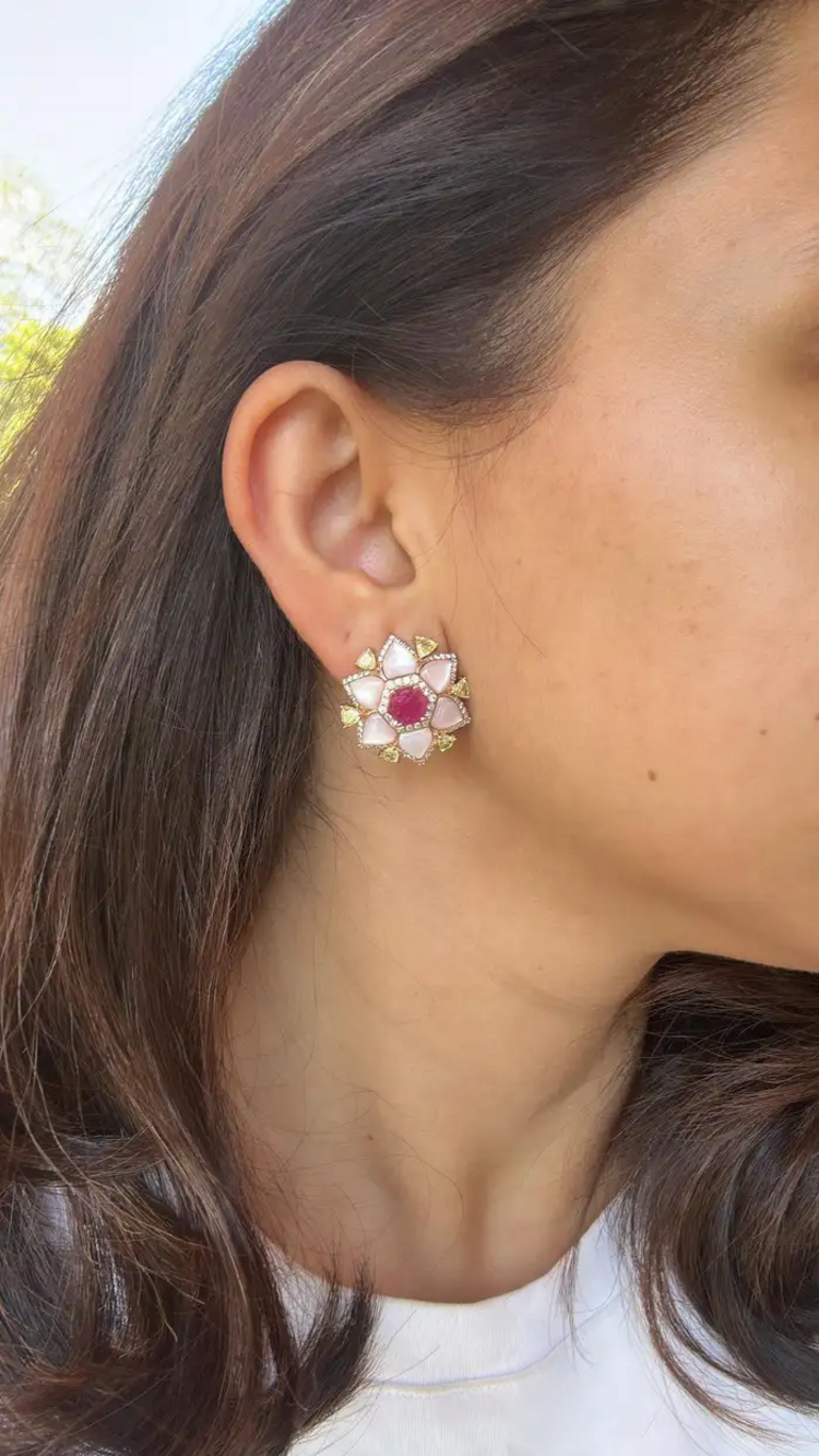 Natural Mozambique Ruby & Pearl Stud Earrings - 18k Rose Gold Yellow Diamond Earrings