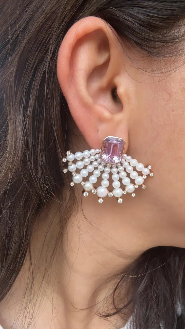 18k Rose Gold Handmade Diamond Stud Earrings - Natural Kunzite & Freshwater Pearls Designer Stud Earrings