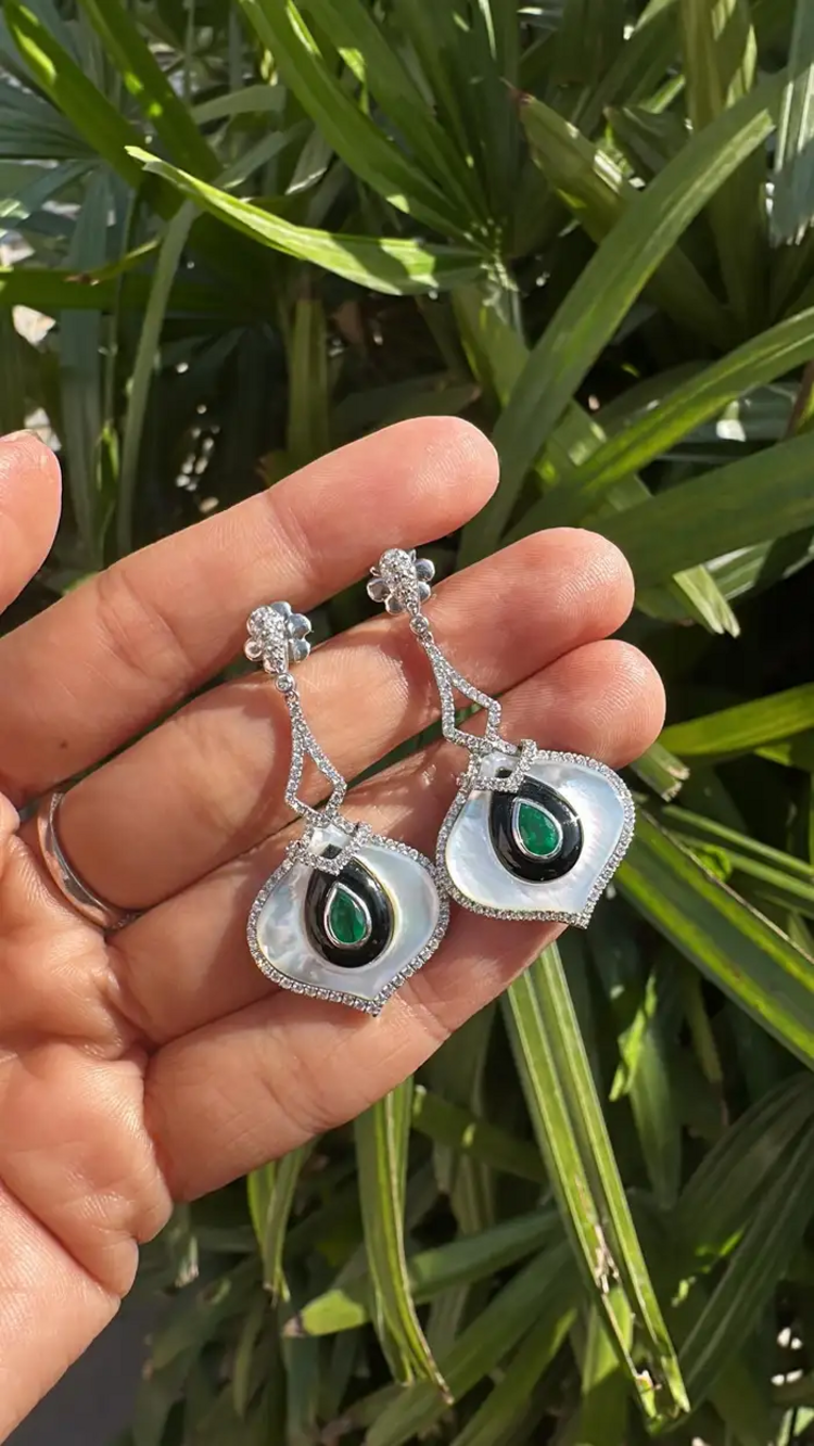 18k White Gold Zambian Emerald Dangle Earrings - Natural Diamond, Black Onyx & Pearl Wedding Earrings