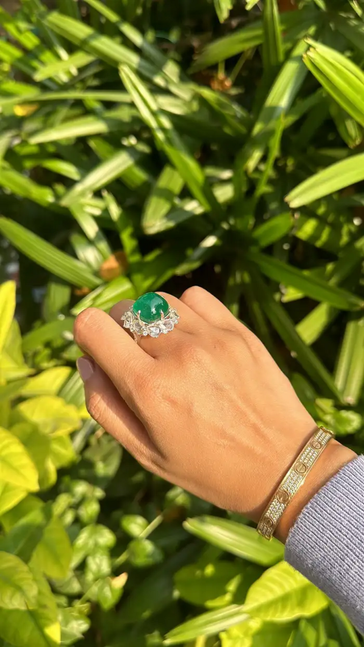 17.79 carats, natural Zambian Emerald Sugarloaf & Rose Cut Diamond Cocktail Ring
