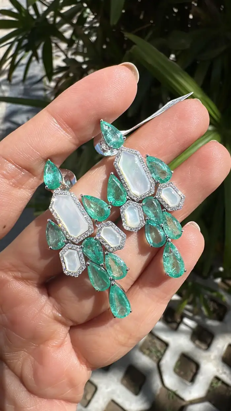 Natural Colombian Emerald & Pearl Chandelier Earrings - 18k White Gold Diamond Dangle Earrings