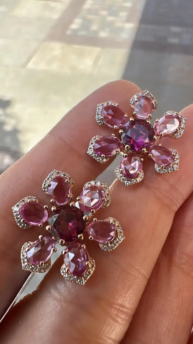 Natural Ceylon Pink Sapphires & Tourmaline Gemstone Floral Stud Earrings - 18k Rose Gold Diamond Earrings
