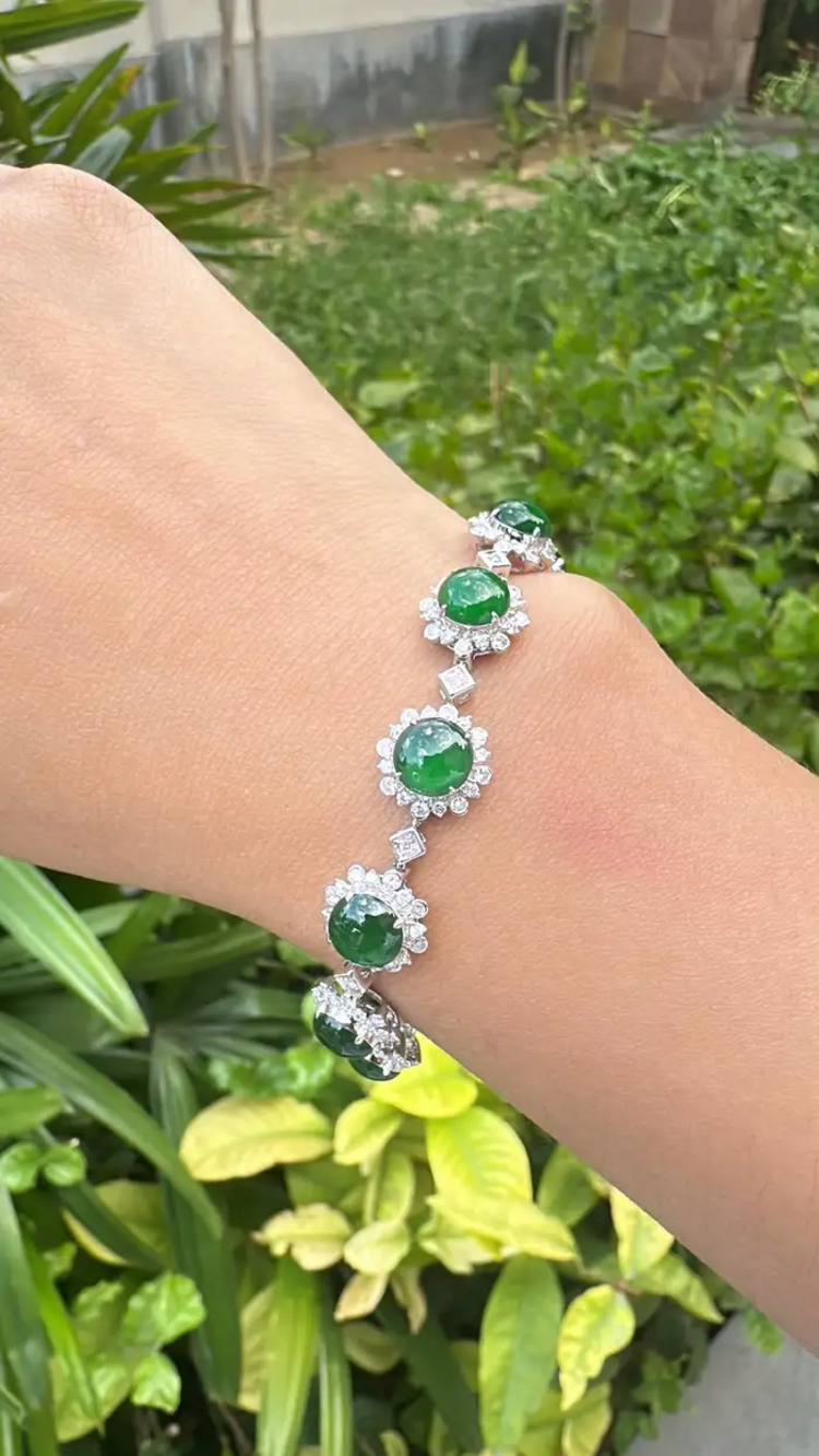 7.70 Ct. Burmese Jadeite & Diamond Bracelet - 18k White Gold Handmade Women Bracelet