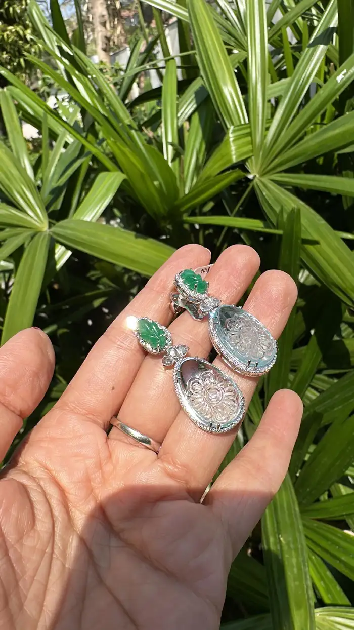 Natural Zambian Emerald & Aquamarine Gemstone Dangle Earrings - 18k White Gold Rose Cut Diamond Earrings