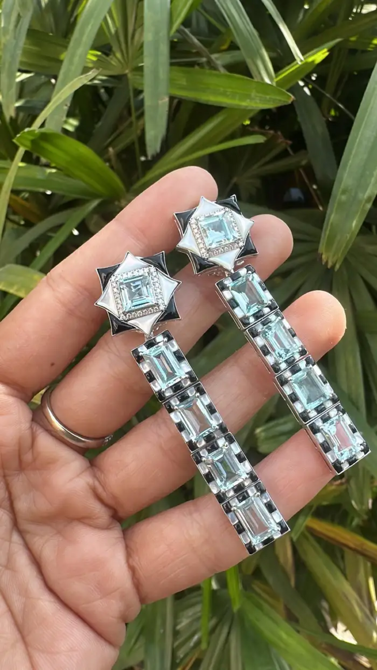 Natural Aquamarine & Black Onyx Dangle Earrings - 18k White Gold Diamond Wedding Earrings
