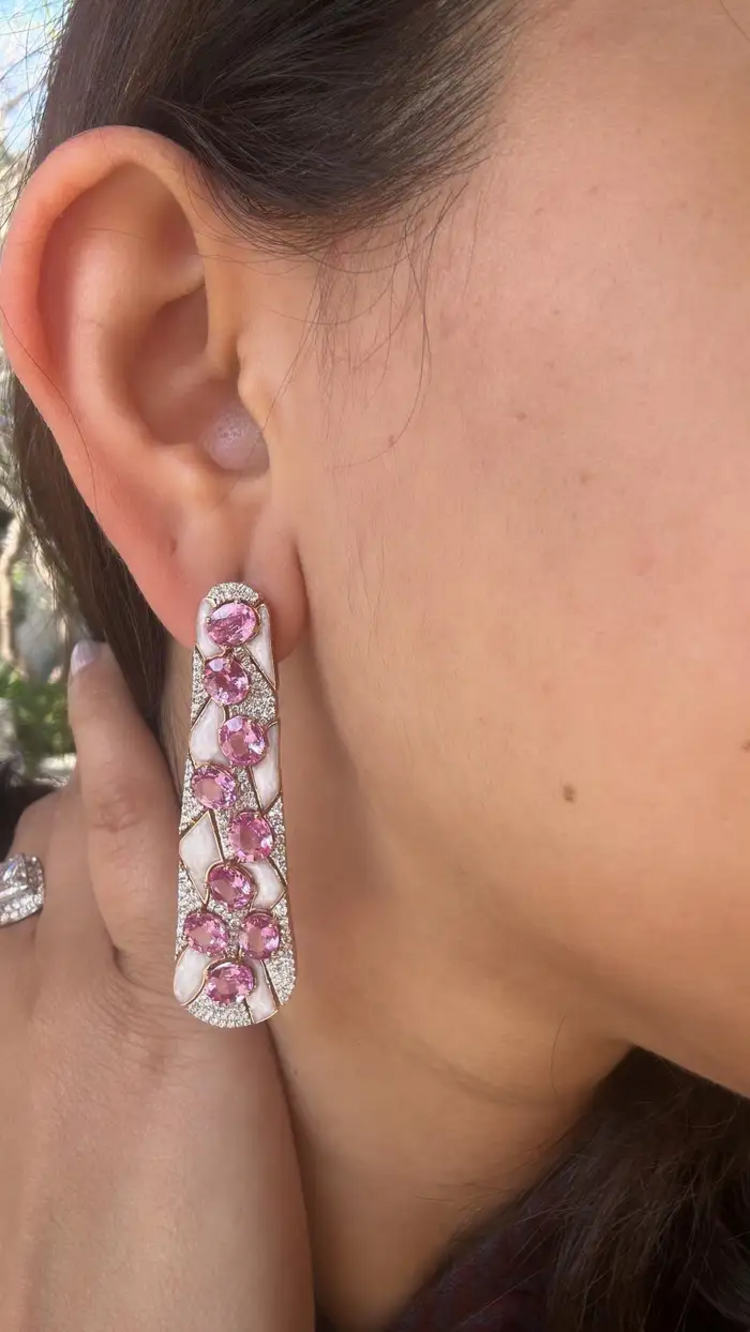 18k Rose Gold Diamond Dangle Earrings - Natural Ceylon Pink Sapphire & White Enamel Women Earrings