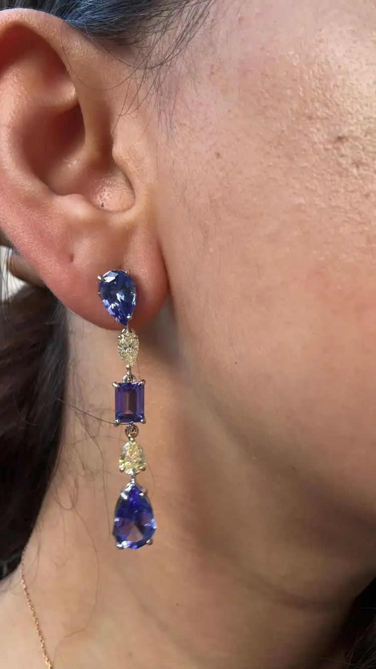 18k White Gold Diamond Dangle Earrings - Natural Tanzanite & Yellow Diamond Earrings
