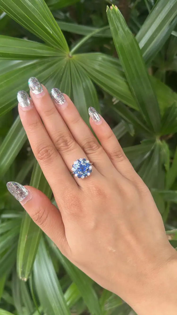 Natural Blue Sapphire Diamond Cocktail Ring - 18k White Gold Handmade Ring
