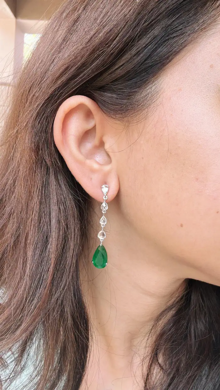 18k White Gold Diamond Dangle Earrings - Natural Pear Shape Zambian Emerald Earrings - Rose Cut Diamonds Earrings