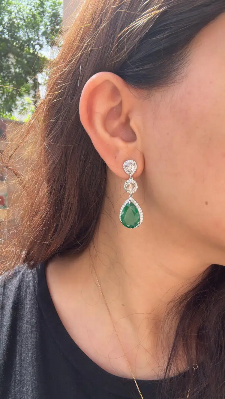12.36 Ct. Natural Zambian Emerald Dangle Gold Earrings - 18k White Gold & Rose Cut Diamond Earrings