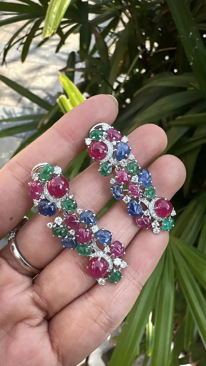 18k White Gold Diamond Dangle Earrings - Natural Mozambique Ruby, Zambian Emerald & Carved Blue Sapphire Earrings