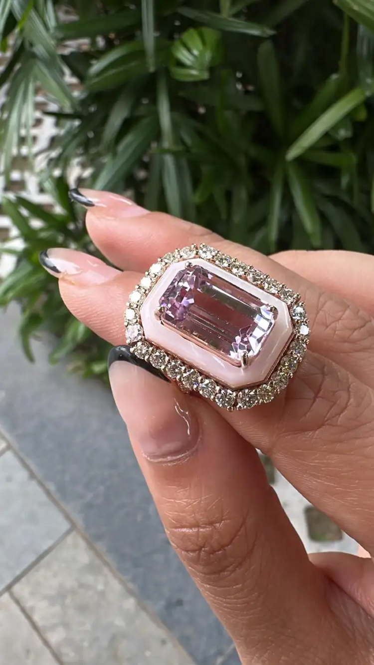 18k Rose Gold Diamond Handmade Ring - Natural Kunzite & Mother Of Pearl Cocktail Ring