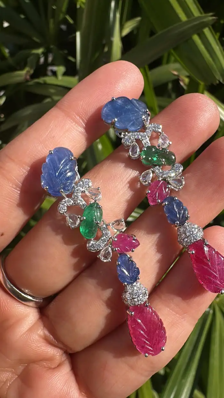 Natural Blue Sapphires, Emeralds, Rubies & Diamonds Chandelier Earrings - 18k White Gold Earrings