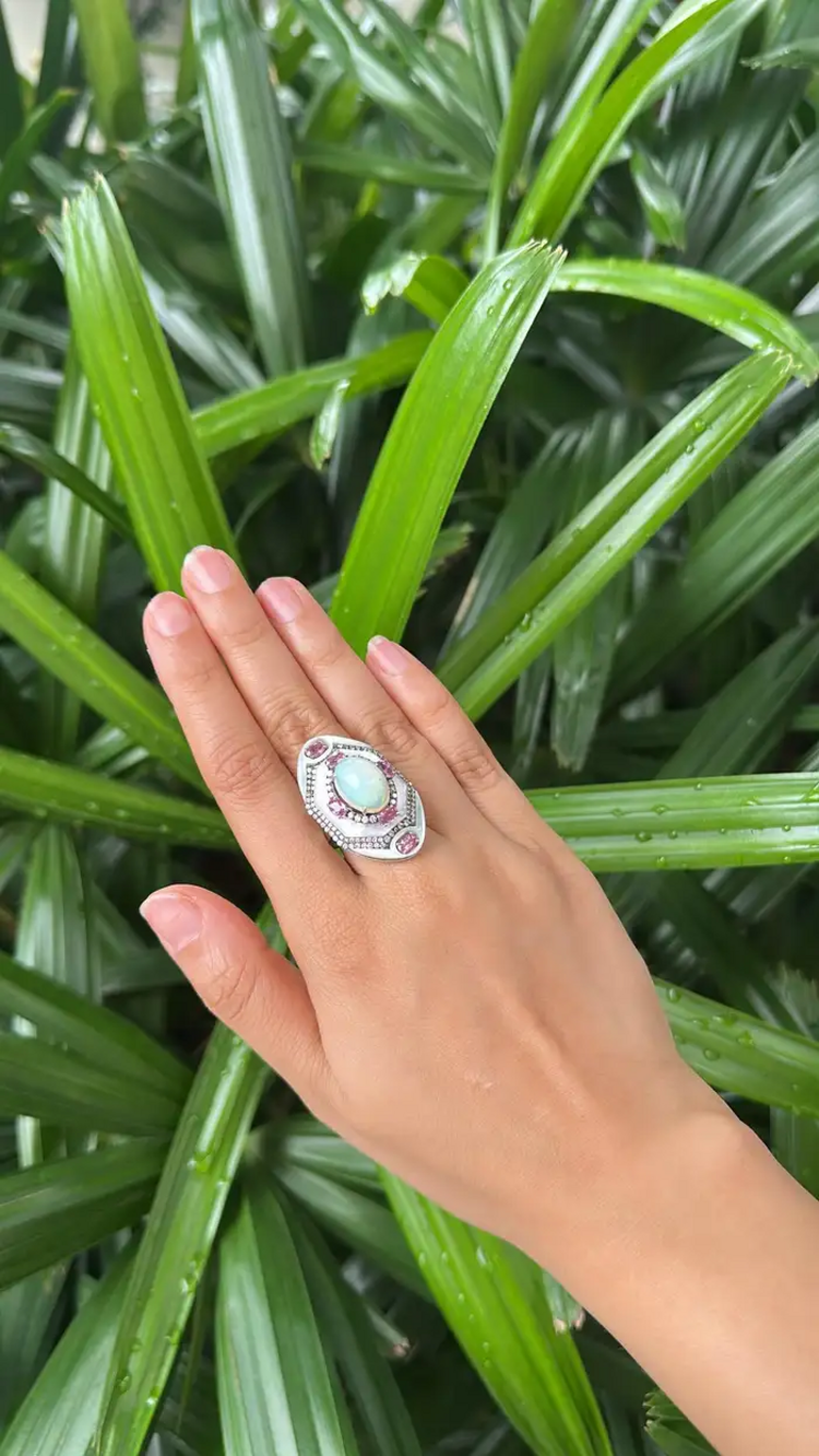 Ethiopian Opal, Mother Of Pearl & Pink Sapphire Cocktail Ring - 18k White Gold Diamond Statement Ring