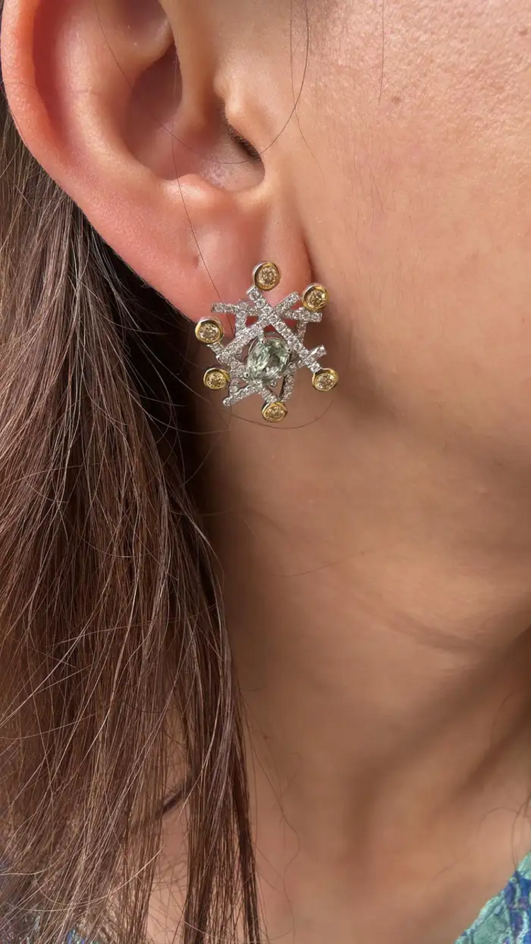 18k White Gold Handmade Stud Earrings With Yellow Diamonds - Natural Blue & Green Sapphire Stud Earrings