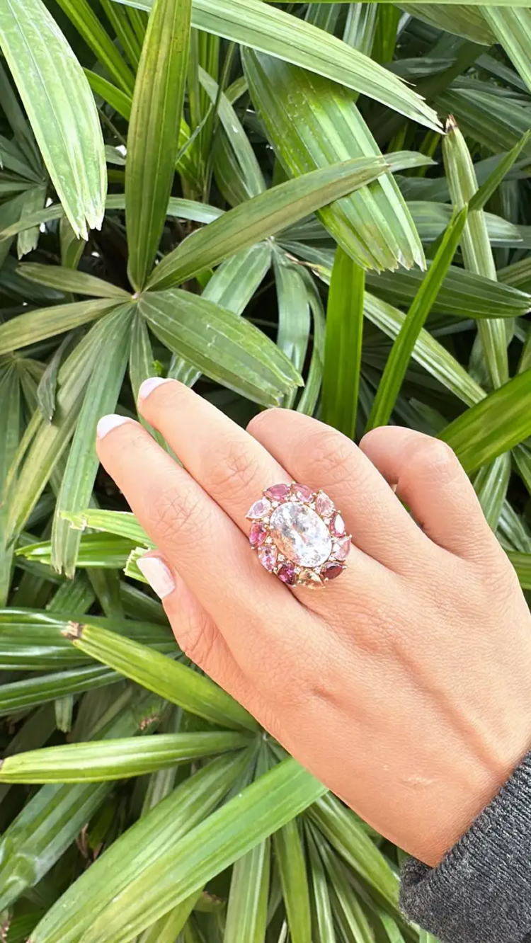 8.47 Ct. Morganite & Tourmaline Gemstone Cocktail Ring - 18k Yellow Gold Diamond Ring