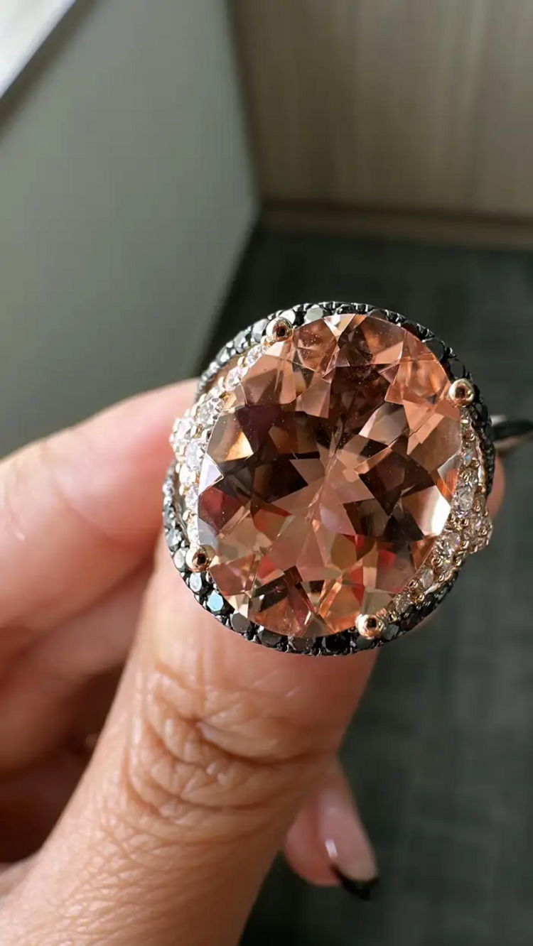 18k Rose Gold Black Diamond Wedding Ring - Natural Morganite & Diamond Wedding Ring