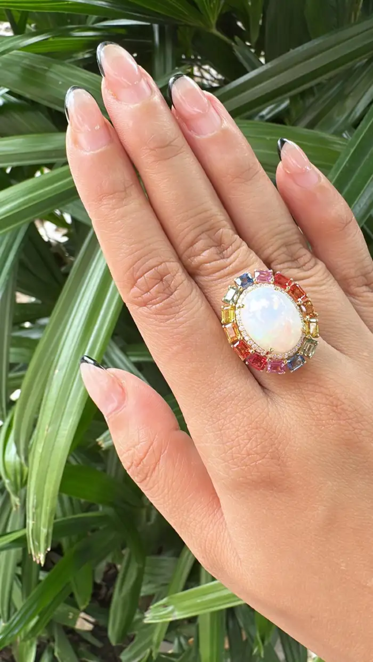 Ethiopian Opal & Multi Sapphire Cocktail Ring - 18k Gold Diamond Wedding Ring